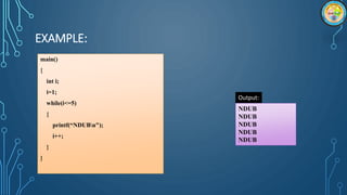 EXAMPLE:
main()
{
int i;
i=1;
while(i<=5)
{
printf(“NDUBn");
i++;
}
}
NDUB
NDUB
NDUB
NDUB
NDUB
Output:
 