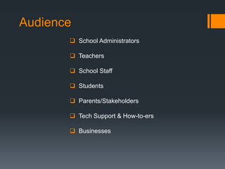 Audience
        School Administrators

        Teachers

        School Staff

        Students

        Parents/Stakeholders

        Tech Support & How-to-ers

        Businesses
 