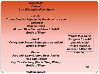 Breakfast:
Omelet
Soy Milk and Half an Apple
Lunch:
Turkey Sandwich (Includes Fresh Lettuce and
Tomatoes)
Banana Chips
Almond Rice Bar and Peach Jell-O
Bottle of Water
Snack:
Celery with Peanut Butter (no salt added)
Bottle of Water
Dinner:
Rice with Lean Ground Beef Patties
Peas and Carrots
Dry Rice Pudding (Made Using Water)
Bottle of Water
Bedtime Snack:
ZQ
***Note this diet is
designed for a 4-8
year old child
whose intake is
between 1400-1600
calories.
 