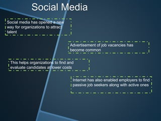 Social media has opened a new
way for organizations to attract
talent
Advertisement of job vacancies has
become common
Internet has also enabled employers to find
passive job seekers along with active ones
This helps organizations to find and
evaluate candidates at lower costs
Social Media
 