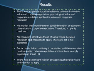 Results
• There was a significant positive relations between innovation
value and corporate reputation, psychological value and
corporate reputation, application value and corporate
reputation
• No relation was found between social dimension or economic
dimension and corporate reputation. Therefore, H1 partly
confirmed
• No interaction effect was found of social media between
reputation and intentions to apply. Therefore, H4 is not
supported
• Social media linked positively to reputation and there was also
positive relation between reputation and intentions to apply,
supporting H2 and H3
• There was a significant relation between psychological value
and intention to apply
 