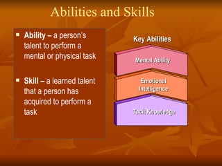 Abilities and Skills Ability –  a person’s talent to perform a mental or physical task Skill –  a learned talent that a person has acquired to perform a task Key Abilities Mental Ability Emotional Intelligence Tacit Knowledge 