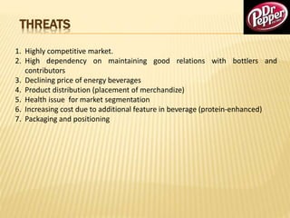 THREATS
1. Highly competitive market.
2. High dependency on maintaining good relations with bottlers and
contributors
3. Declining price of energy beverages
4. Product distribution (placement of merchandize)
5. Health issue for market segmentation
6. Increasing cost due to additional feature in beverage (protein-enhanced)
7. Packaging and positioning
 