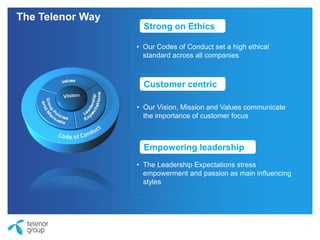 The Telenor Way
• Our Codes of Conduct set a high ethical
standard across all companies
Strong on Ethics
• Our Vision, Mission and Values communicate
the importance of customer focus
Customer centric
• The Leadership Expectations stress
empowerment and passion as main influencing
styles
Empowering leadership
 