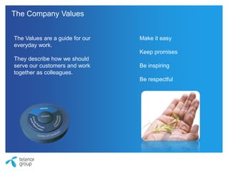 The Values are a guide for our
everyday work.
They describe how we should
serve our customers and work
together as colleagues.
Make it easy
Keep promises
Be inspiring
Be respectful
The Company Values
 