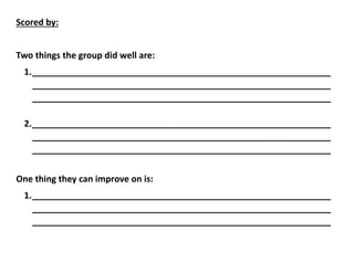 Scored by:
Two things the group did well are:
1._____________________________________________________________
_____________________________________________________________
_____________________________________________________________
2._____________________________________________________________
_____________________________________________________________
_____________________________________________________________
One thing they can improve on is:
1._____________________________________________________________
_____________________________________________________________
_____________________________________________________________
 