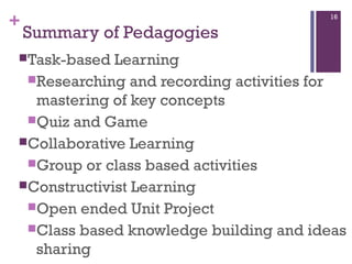 +

16

Summary of Pedagogies

Task-based

Learning
Researching and recording activities for
mastering of key concepts
Quiz and Game
Collaborative Learning
Group or class based activities
Constructivist Learning
Open ended Unit Project
Class based knowledge building and ideas
sharing

 