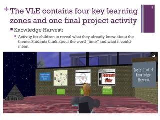 + The VLE contains four key learning
zones and one final project activity
 Knowledge


Harvest:

Activity for children to reveal what they already know about the
theme. Students think about the word “time” and what it could
mean.

9

 