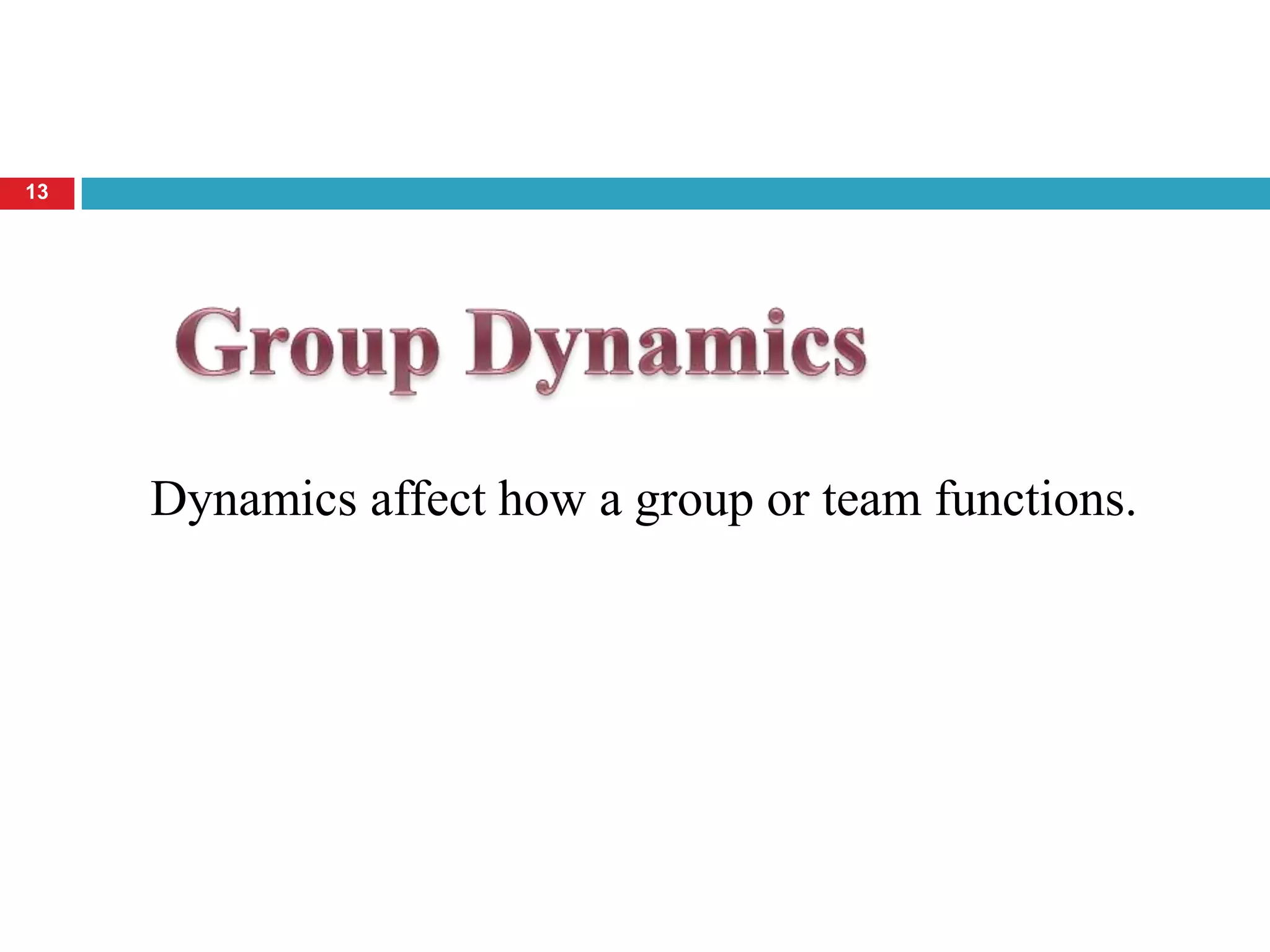 13




     Dynamics affect how a group or team functions.
 
