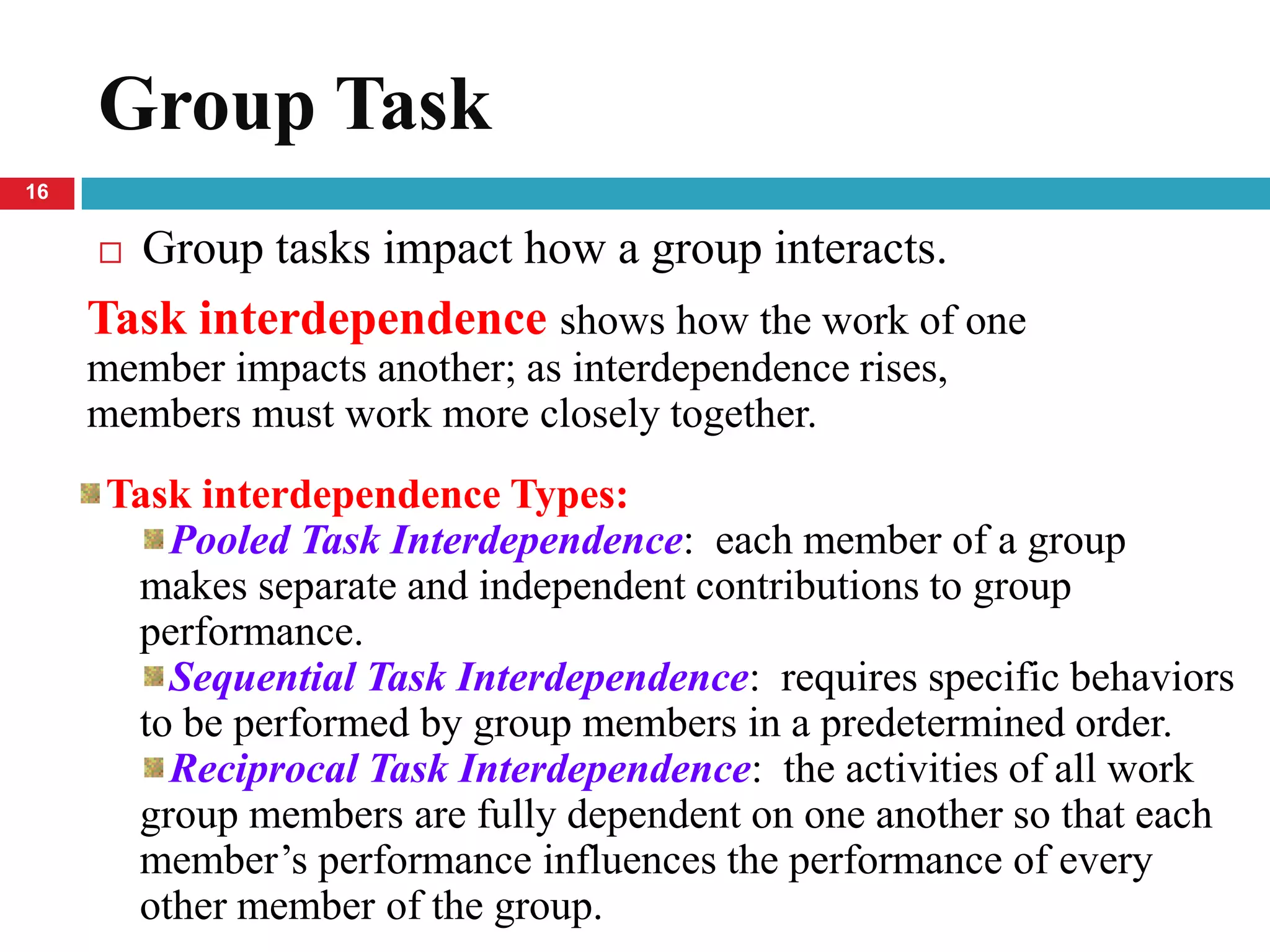 Group Task
16


      Group tasks impact how a group interacts.
     Task interdependence shows how the work of one
     member impacts another; as interdependence rises,
     members must work more closely together.
      Task interdependence Types:
         Pooled Task Interdependence: each member of a group
       makes separate and independent contributions to group
       performance.
         Sequential Task Interdependence: requires specific behaviors
       to be performed by group members in a predetermined order.
         Reciprocal Task Interdependence: the activities of all work
       group members are fully dependent on one another so that each
       member’s performance influences the performance of every
       other member of the group.
 