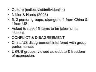 • Culture (collectivist/individualist)
• Nibler & Harris (2003)
• 5, 2 person groups, strangers, 1 from China &
  1from US.
• Asked to rank 15 items to be taken on a
  lifeboat.
• CONFLICT & DISAGREEMENT
• China/US disagreement interfered with group
  performance.
• US/US groups, viewed as debate & freedom
  of expression.
 