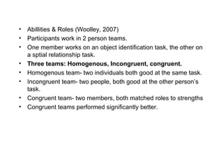 • Abillities & Roles (Woolley, 2007)
• Participants work in 2 person teams.
• One member works on an object identification task, the other on
  a sptial relationship task.
• Three teams: Homogenous, Incongruent, congruent.
• Homogenous team- two individuals both good at the same task.
• Incongruent team- two people, both good at the other person’s
  task.
• Congruent team- two members, both matched roles to strengths
• Congruent teams performed significantly better.
 