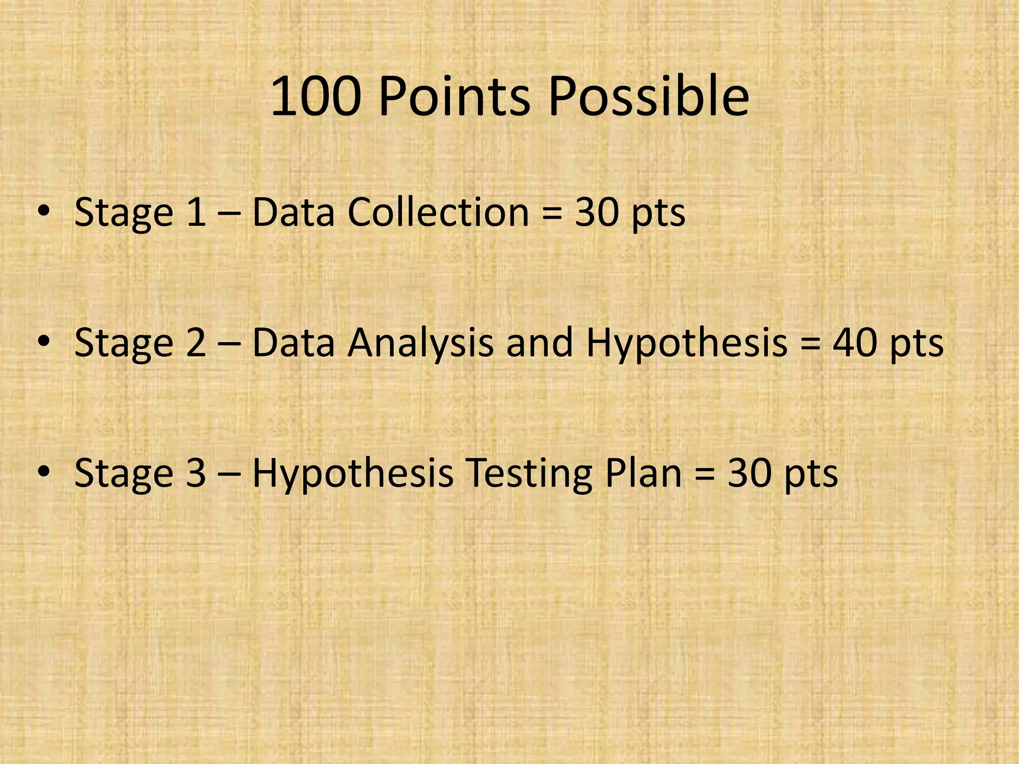100 Points PossibleStage 1 – Data Collection = 30 ptsStage 2 – Data Analysis and Hypothesis = 40 ptsStage 3 – Hypothesis Testing Plan = 30 pts
