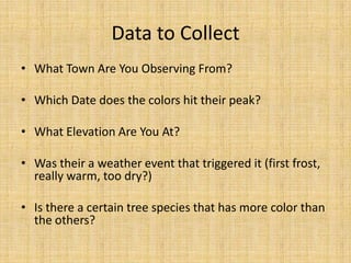 Data to CollectWhat Town Are You Observing From?Which Date does the colors hit their peak?What Elevation Are You At?Was their a weather event that triggered it (first frost, really warm, too dry?)Is there a certain tree species that has more color than the others?