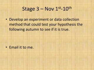 Stage 3 – Nov 1st-10thDevelop an experiment or data collection method that could test your hypothesis the following autumn to see if it is true.Email it to me.