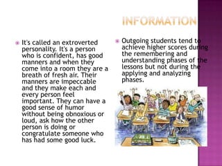    It's called an extroverted       Outgoing students tend to
    personality. It's a person        achieve higher scores during
    who is confident, has good        the remembering and
    manners and when they             understanding phases of the
    come into a room they are a       lessons but not during the
    breath of fresh air. Their        applying and analyzing
    manners are impeccable            phases.
    and they make each and
    every person feel
    important. They can have a
    good sense of humor
    without being obnoxious or
    loud, ask how the other
    person is doing or
    congratulate someone who
    has had some good luck.
 