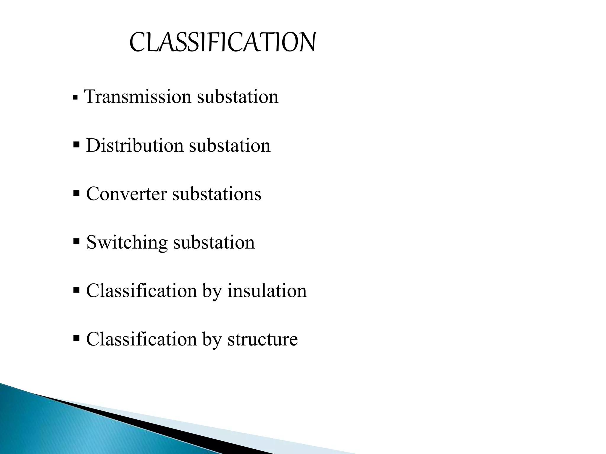 CLASSIFICATION 
 Transmission substation 
 Distribution substation 
 Converter substations 
 Switching substation 
 Classification by insulation 
 Classification by structure 
 