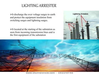 LIGHTING ARRESTER 
It discharge the over voltage surges to earth 
and protect the equipment insulation from 
switching surges and lightning surges. 
It located at the starting of the substation as 
seen from incoming transmission lines and is 
the first equipment of the substation 
 