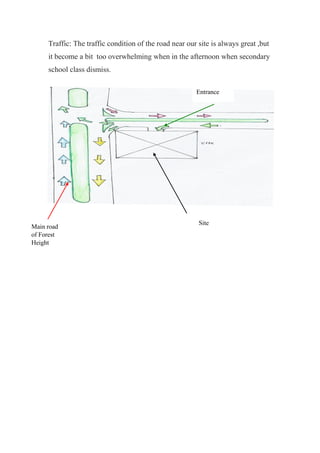 Traffic: The traffic condition of the road near our site is always great ,but
it become a bit too overwhelming when in the afternoon when secondary
school class dismiss.
Site
Entrance
Main road
of Forest
Height
 