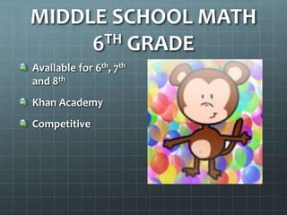 MIDDLE SCHOOL MATH
6TH GRADE
Available for 6th, 7th
and 8th
Khan Academy
Competitive
 