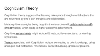 Cognitivism Theory
Cognitivism theory suggests that learning takes place through mental actions that
are influenced by one’s own thoughts and experiences.
Metacognitive strategies being taught in the classroom will build students self-
efficacy skills, which leads to higher academic achievement.
Cognitive assessments might include IQ tests, achievement tests, or learning
styles tests.
Trends associated with Cognitivism include: connecting to prior knowledge, using
analogies and metaphors, mnemonics, concept mapping, graphic organizers,
 
