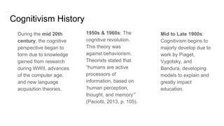 Cognitivism History
Mid to Late 1900s:
Cognitivism begins to
majorly develop due to
work by Piaget,
Vygotsky, and
Bandura, developing
models to explain and
greatly impact
education.
1950s & 1960s: The
cognitive revolution.
This theory was
against behaviorism.
Theorists stated that
“humans are active
processors of
information, based on
‘human perception,
thought, and memory’”
(Paciotti, 2013, p. 105).
During the mid 20th
century, the cognitive
perspective began to
form due to knowledge
gained from research
during WWII, advances
of the computer age,
and new language
acquisition theories.
 