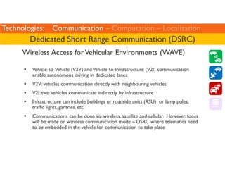 Technologies: Communication – Computation – Localization 
Dedicated Short Range Communication (DSRC) 
Wireless Access for ...
