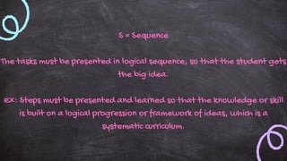 S = Sequence
The tasks must be presented in logical sequence, so that the student gets
the big idea.
Ex: Steps must be presented and learned so that the knowledge or skill
is built on a logical progression or framework of ideas, which is a
systematic curriculum.
 