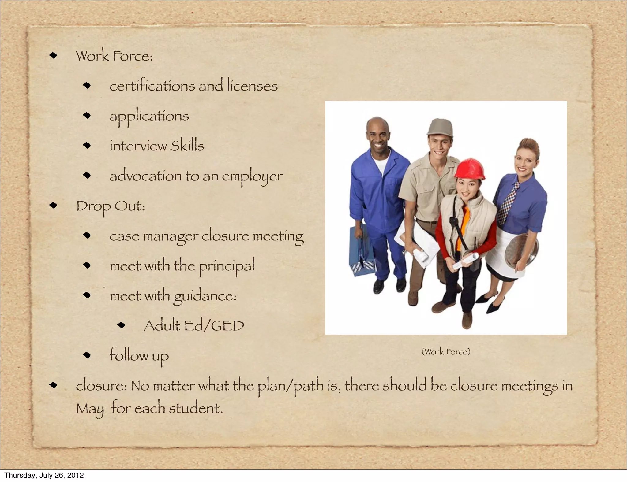 Work Force:

                          certifications and licenses

                          applications

                          interview Skills

                          advocation to an employer

                    Drop Out:

                          case manager closure meeting

                          meet with the principal

                          meet with guidance:

                               Adult Ed/GED
                                                                         (Work Force)
                          follow up

                    closure: No matter what the plan/path is, there should be closure meetings in
                    May for each student.



Thursday, July 26, 2012
 