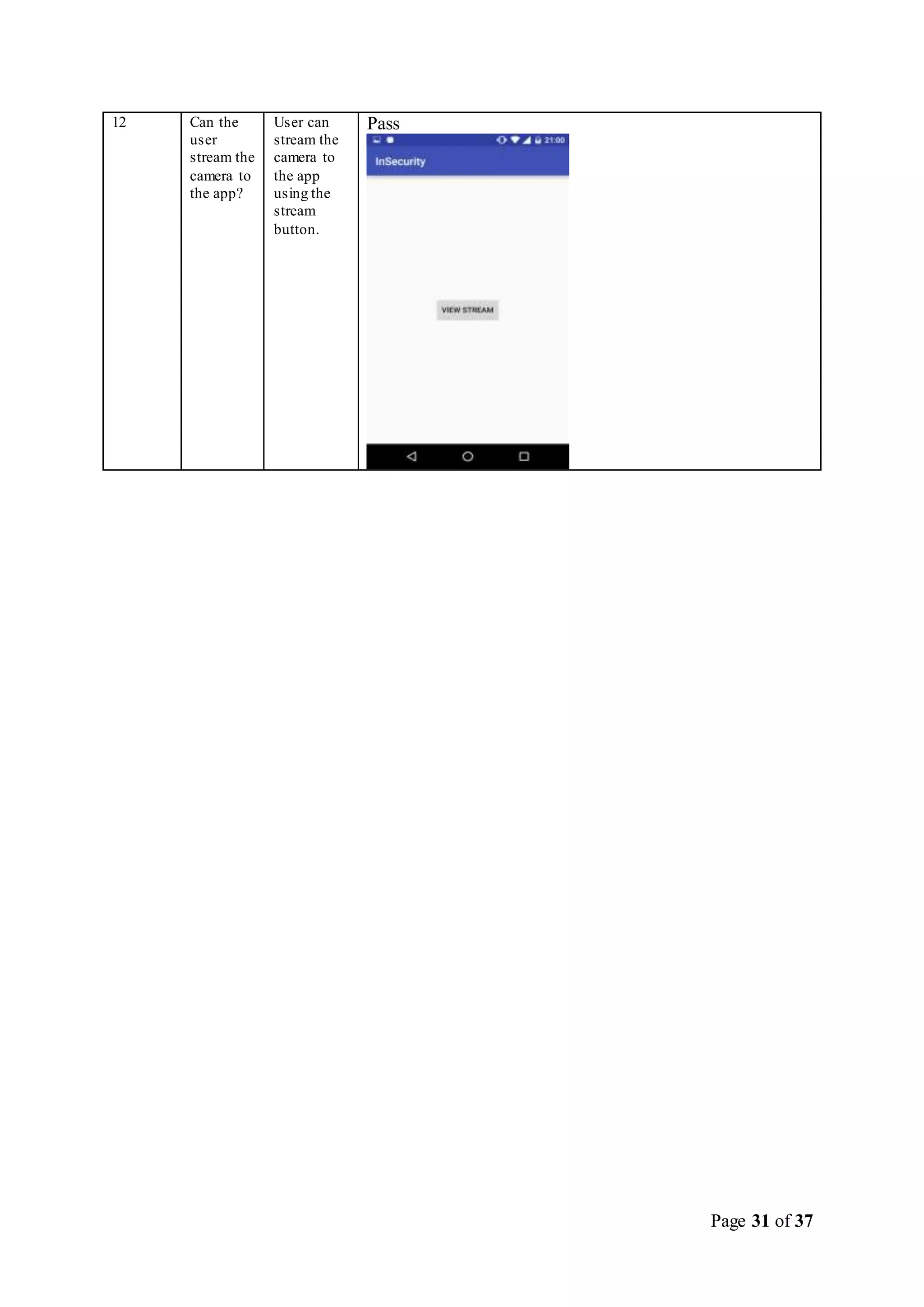 Page 31 of 37
12 Can the
user
stream the
camera to
the app?
User can
stream the
camera to
the app
using the
stream
button.
Pass
 