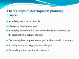 The six steps of development planning
process
24
⚫ Identifying a development needs.
⚫ Choosing a development goal.
⚫ Ident...