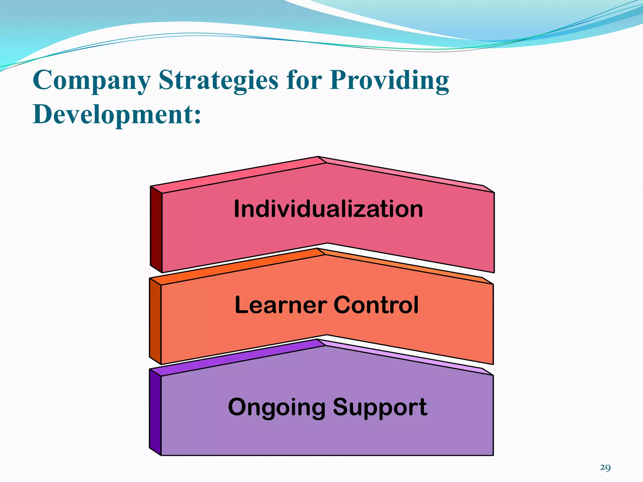 Company Strategies for Providing
Development:


               Individualization


               Learner Control



              Ongoing Support

                                   29
 