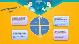 Technologically user friendly plans.
Each plan has a relatively higher
coverage as compared to LIC as
they are market linked plans.
Most of the plans are targeted to
benefit the youth.
Premium pay by net banking,
credit and debit
cards,cheque,cash,NEFT,Bill Pay
etc.
Plans are cheaper than LIC.
The minimum assured amount is
more than LIC in all related
policies.
.
First private player to enter
the Indian insurance market.
'Respect yourself" gives a
sense of pride among the
youth.
Tagline- "Sar Utha Ke Jiyo".
EVA- an artificial intelligence
based Chatbot assistant .
customers and non-customers
can complete transactions
through FB messenger
PRODUCT PRICE
PLACE PROMOTION
 