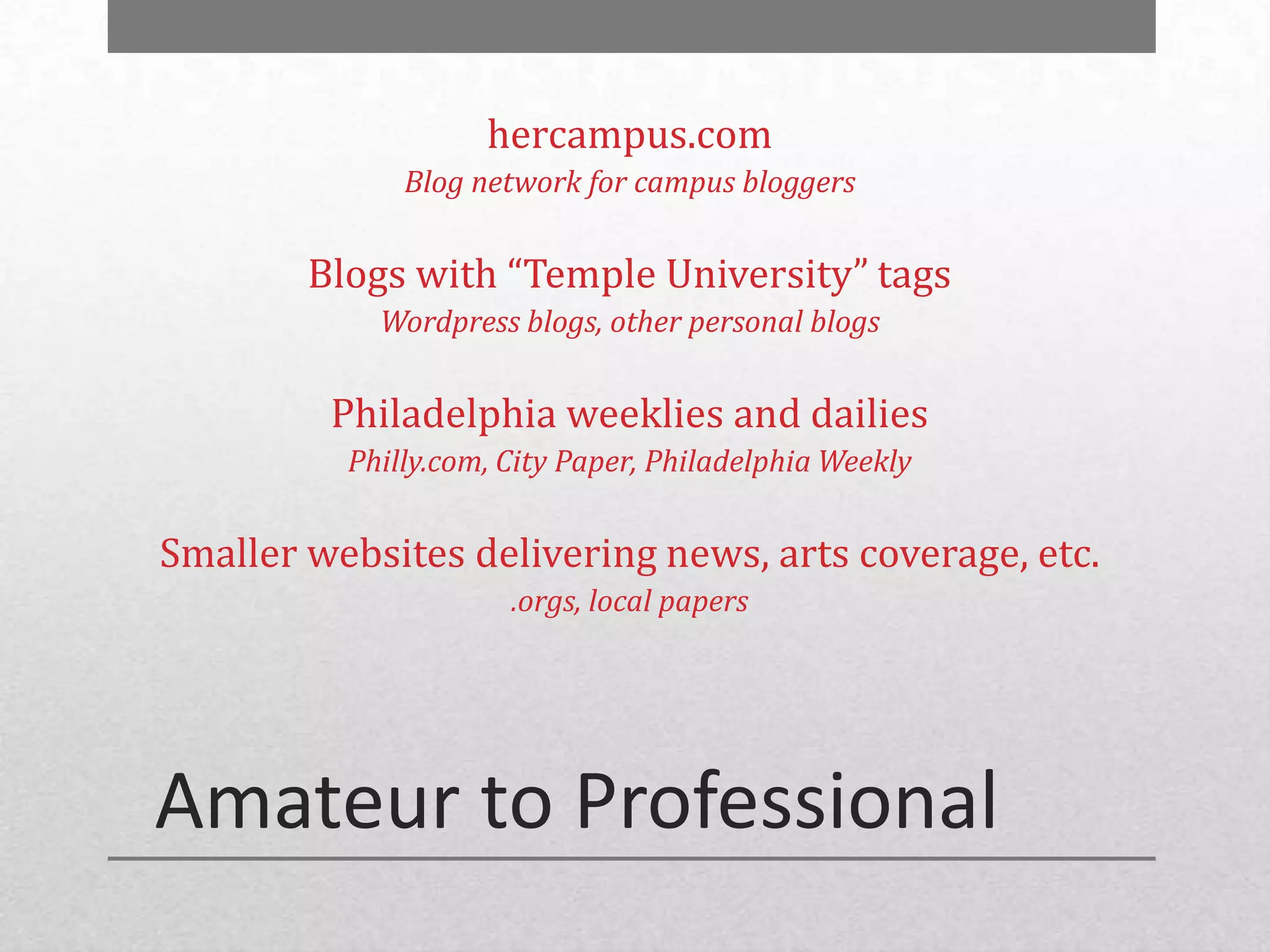hercampus.com
              Blog network for campus bloggers


        Blogs with “Temple University” tags
            Wordpress blogs, other personal blogs


         Philadelphia weeklies and dailies
          Philly.com, City Paper, Philadelphia Weekly


Smaller websites delivering news, arts coverage, etc.
                      .orgs, local papers




Amateur to Professional
 