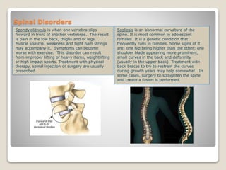 Spinal Disorders
Spondylolithesis is when one vertebra slips
forward in front of another vertebrae. The result
is pain in the low back, thighs and or legs.
Muscle spasms, weakness and tight ham strings
may accompany it. Symptoms can become
worse with exercise. This disorder can result
from improper lifting of heavy items, weightlifting
or high impact sports. Treatment with physical
therapy, spinal injection or surgery are usually
prescribed.
Scoliosis is an abnormal curvature of the
spine. It is most common in adolescent
females. It is a genetic condition that
frequently runs in families. Some signs of it
are: one hip being higher than the other; one
shoulder blade appearing more prominent;
small curves in the back and deformity
(usually in the upper back). Treatment with
back braces to try to restrain the curves
during growth years may help somewhat. In
some cases, surgery to straighten the spine
and create a fusion is performed.
 