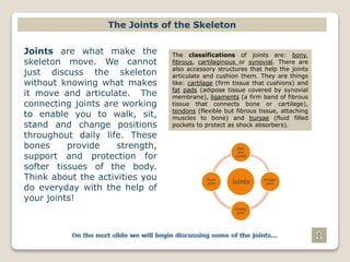 The Joints of the Skeleton
Joints are what make the
skeleton move. We cannot
just discuss the skeleton
without knowing what makes
it move and articulate. The
connecting joints are working
to enable you to walk, sit,
stand and change positions
throughout daily life. These
bones provide strength,
support and protection for
softer tissues of the body.
Think about the activities you
do everyday with the help of
your joints!
The classifications of joints are: bony,
fibrous, cartilaginous or synovial. There are
also accessory structures that help the joints
articulate and cushion them. They are things
like: cartilage (firm tissue that cushions) and
fat pads (adipose tissue covered by synovial
membrane), ligaments (a firm band of fibrous
tissue that connects bone or cartilage),
tendons (flexible but fibrous tissue, attaching
muscles to bone) and bursae (fluid filled
pockets to protect as shock absorbers).
Joints
Ball
and
socket
Hinged
joint
Gliding
joint
Pivot
joint
 