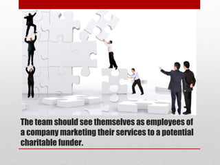 The team should see themselves as employees of
a company marketing their services to a potential
charitable funder.

 