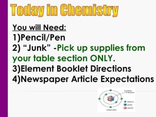 You will Need:
1)Pencil/Pen
2) “Junk” -Pick up supplies from
your table section ONLY.
3)Element Booklet Directions
4)Newspaper Article Expectations
 