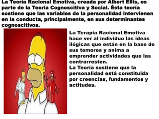La Teoría Racional Emotiva, creada por Albert Ellis, es
parte de la Teoría Cognoscitiva y Social. Ésta teoría
sostiene que las variables de la personalidad intervienen
en la conducta, principalmente, en sus determinantes
cognoscitivos.
La Terapia Racional Emotiva
hace ver al individuo las ideas
ilógicas que están en la base de
sus temores y anima a
emprender actividades que las
contrarresten.
La Teoría sostiene que la
personalidad está constituida
por creencias, fundamentos y
actitudes.
 