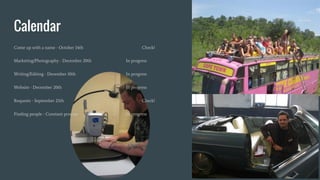 Calendar
Come up with a name - October 14th Check!
Marketing/Photography - December 20th In progress
Writing/Editing - December 10th In progress
Website - December 20th In progress
Requests - September 25th Check!
Finding people - Constant process In progress
 