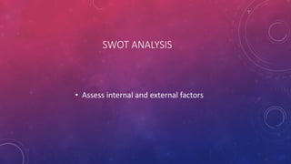 SWOT ANALYSIS
• Assess internal and external factors
 