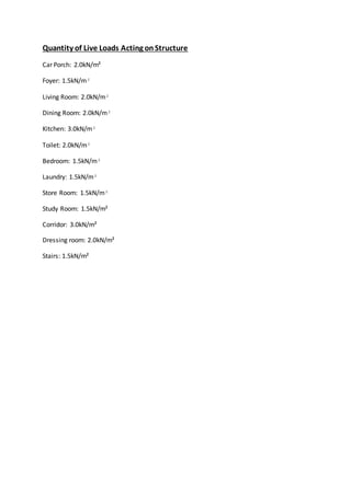 Quantity of Live Loads Acting onStructure
Car Porch: 2.0kN/m²
Foyer: 1.5kN/m²
Living Room: 2.0kN/m²
Dining Room: 2.0kN/m²
Kitchen: 3.0kN/m²
Toilet: 2.0kN/m²
Bedroom: 1.5kN/m²
Laundry: 1.5kN/m²
Store Room: 1.5kN/m²
Study Room: 1.5kN/m²
Corridor: 3.0kN/m²
Dressing room: 2.0kN/m²
Stairs: 1.5kN/m²
 
