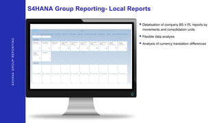 S4HANAGROUPREPORTING
S4HANA Group Reporting- Local Reports
• Detalisation of company BS ir PL reports by
movements and consolidation units
• Flexible data analysis
• Analysis of currency translation differences
 