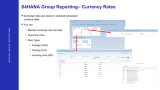 S4HANAGROUPREPORTING
S4HANA Group Reporting– Currency Rates
• Exchange rates are stored in standard transaction
currency table
• You can
• Maintain exchange rate manually
• Import from files
• Rate Types
• Average (AVG)
• Closing (CLO)
• Incoming units (INC)
 