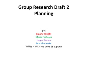 Group Research Draft 2
Planning
By:
Rianne Wright
Maria Fashakin
Helen Yeman
Marisha Inoke
White = What we done as a group
 