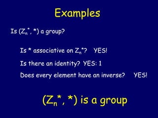 Examples
Is (Zn
*, *) a group?
Is * associative on Zn
*? YES!
Is there an identity? YES: 1
Does every element have an inverse? YES!
(Zn
*, *) is a group
 