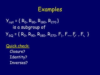 Examples
Yrot = { R0, R90, R180, R270 }
is a subgroup of
Quick check:
Closure?
Identity?
Inverses?
YSQ = { R0, R90, R180, R270, F|, F—, F , F }
 