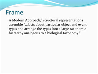 Frame
A Modern Approach," structural representations
assemble "...facts about particular object and event
types and arrange the types into a large taxonomic
hierarchy analogous to a biological taxonomy.“
 