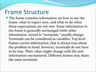 Frame Structure
The frame contains information on how to use the
frame, what to expect next, and what to do when
these expectations are not met. Some information in
the frame is generally unchanged while other
information, stored in "terminals," usually change.
Terminals can be considered as variables. Top level
frames carries information, that is always true about
the problem in hand, however, terminals do not have
to be true. Their value might change with the new
information encountered. Different frames may share
the same terminals.
 