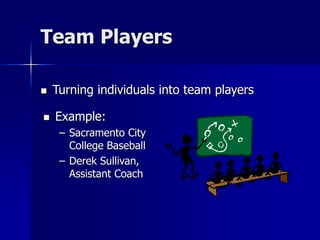 Team Players
 Turning individuals into team players
 Example:
– Sacramento City
College Baseball
– Derek Sullivan,
Assis...